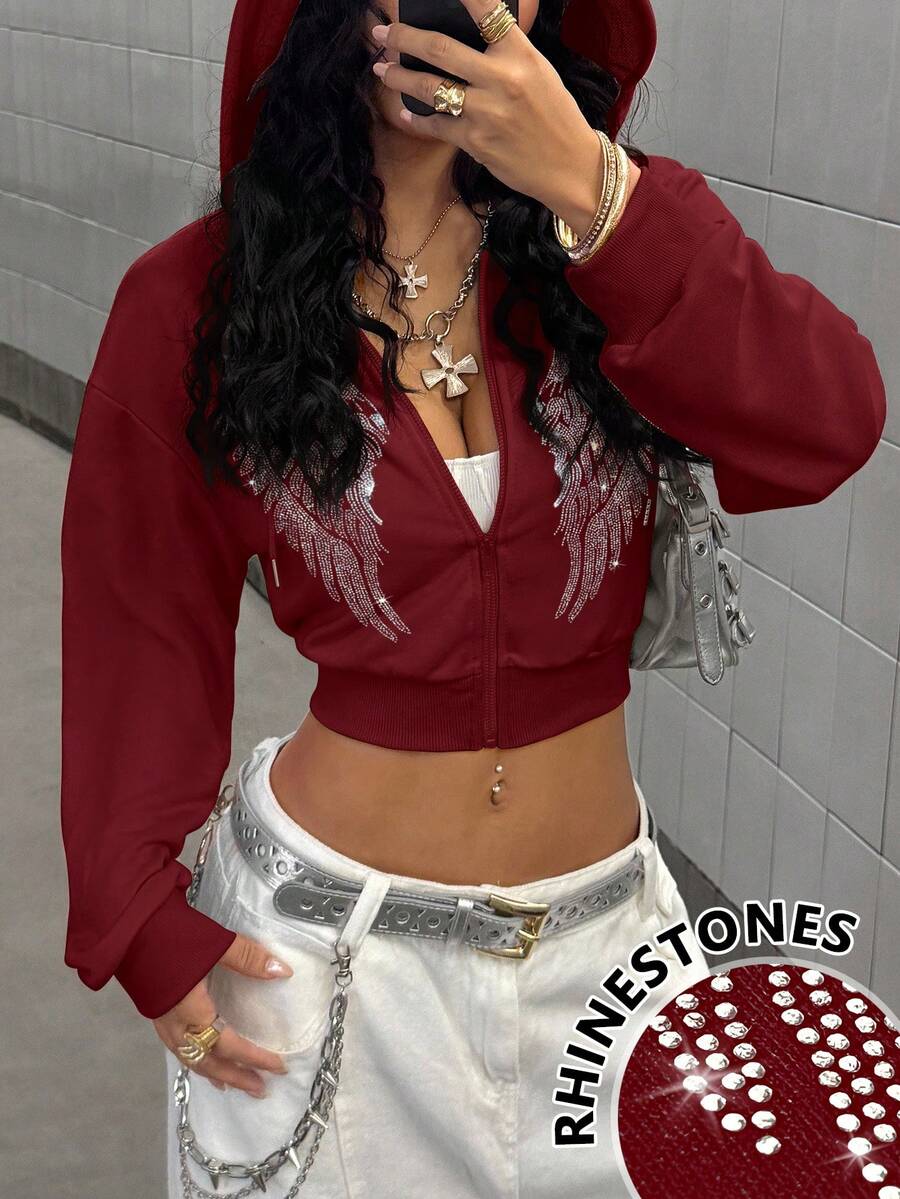 StreetHx 女式韩版宽松热销钻石拉链开衫短款卫衣长袖上衣外套 - 酒紅色 - 查看 1