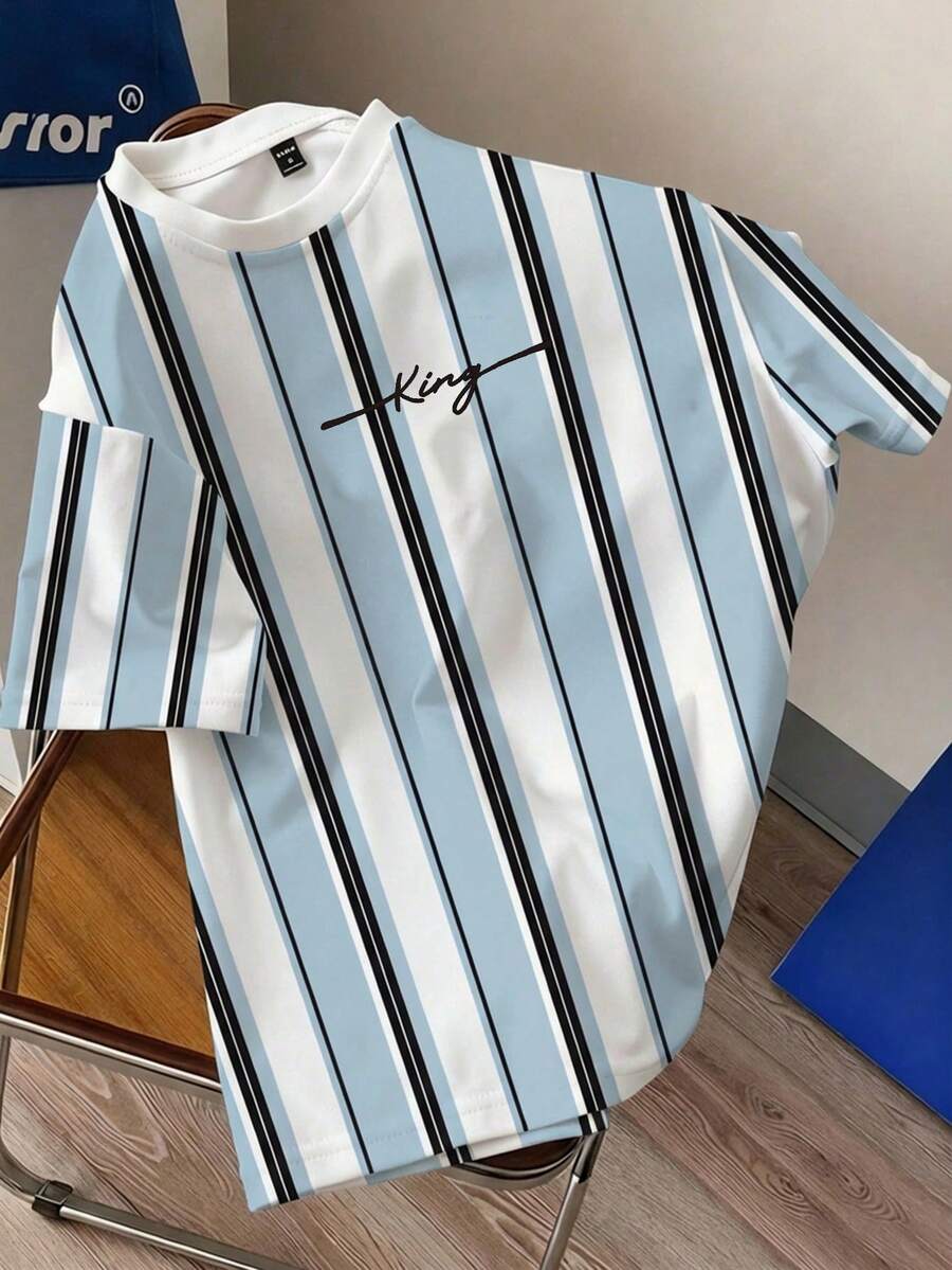 Manfinity Joysei Men's Simple Versatile Striped Letter Print Short Sleeve Casual T-Shirt - Blue - View 1