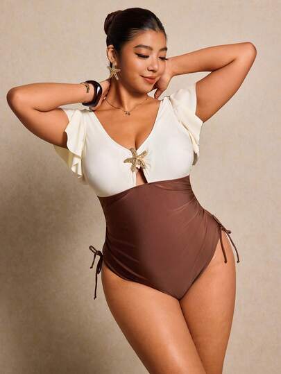 Elaquor Plus Size Colorblock Starfish Decor One-Piece Swimsuit, Vacation & Beach Spring Outfit Women/Spring Break Outfits/Spring Clothing Spring Outfit Women/Spring Break Outfits/Spring Clothing