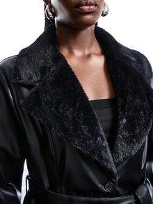 SHEIN EZwear 大码纯色长袖休闲PU拼接抽绳修身夹克 - 黑色 - 查看 5