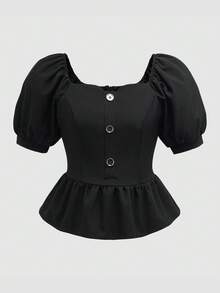 Selianne Blusa de mujer de unicolor con mangas cortas abultadas, con botones y volantes en el bajo, de moda - Negro - Ver 5