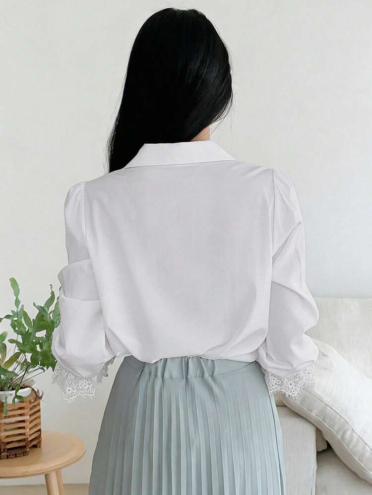 Women's Elegant Formal Blouse With Solid Color, Loose Pleated Lace Patchwork, Peter Pan Collar, Princess Sleeves, Suitable For Spring And Autumn