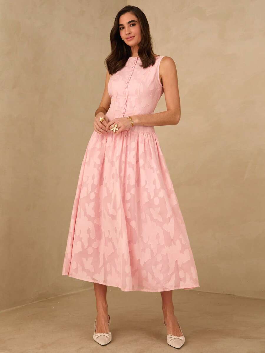 Enchnt Spring/Summer Romantic Women's Pink Jacquard Sleeveless Long Dress,Sweet&Elegant For Vacation&Date&Holiday&Going Out&Valentine's Day,Spring Outfit Women - Pink - View 1