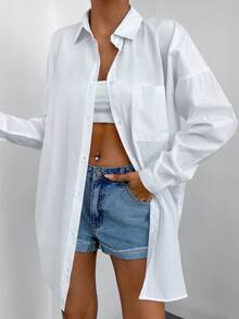 EURMUSE Cotton Solid Drop Shoulder Pocket Patched Shirt - White - View 4