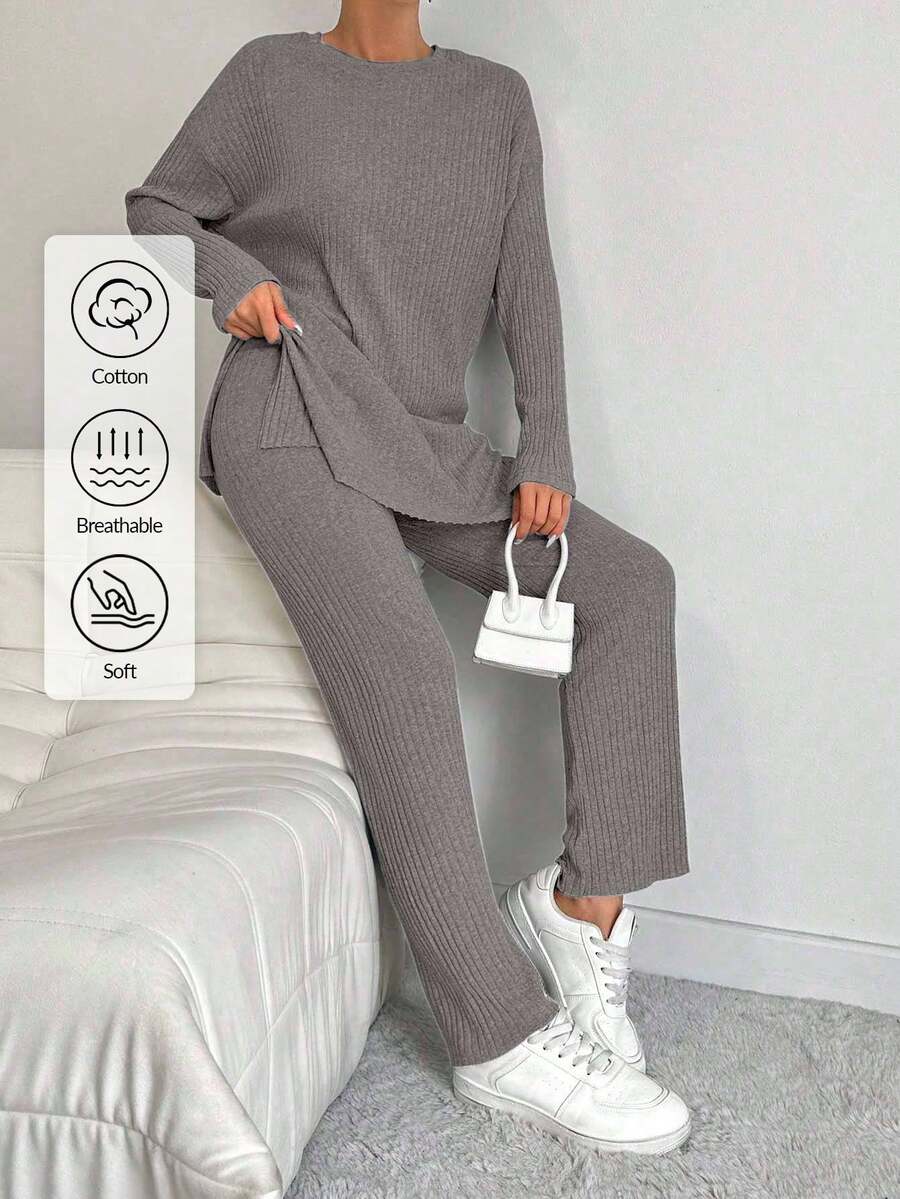 Cottnline 100% 纯棉女士纯色条纹圆领上衣和裤子两件套 - 棕色 - 查看 1