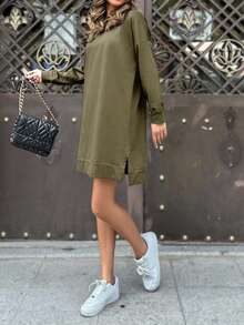 EURMUSE Cotton Solid Drop Shoulder Split Hem Sweatshirt Dress - Army Green - View 4