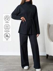SHEIN Tall 100% Cotton Solid Color Turtleneck Casual Sweater 2pcs/Set - Black - View 1