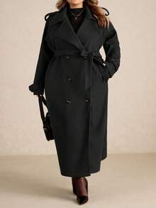 SHEIN CURVE+ 大码女式酒红色长袖简约前开襟纽扣长款外套，休闲日常复古酒红色长款羊毛外套，冬季保暖加厚镂空设计，适合感恩节、万圣节、圣诞节、秋季等各种场合穿着。 - 黑色 - 查看 6