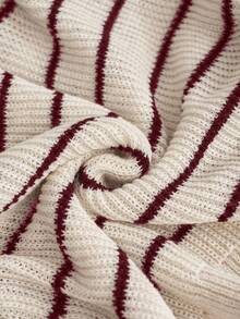 SHEIN CURVE+ 大码蝴蝶结露背毛衣，条纹图案套头衫，秋冬女装 - 酒紅色 - 查看 9