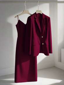 Franclia 休闲卡其色西装外套搭配无袖收腰直筒连衣裙，女士两件套套装，春秋季 - 中紫紅色 - 查看 1