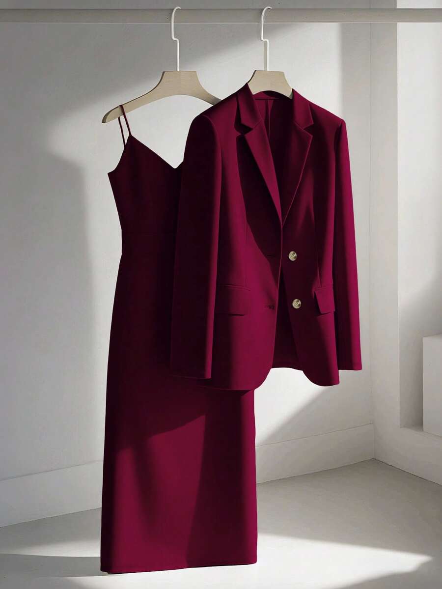 Franclia 休闲卡其色西装外套搭配无袖收腰直筒连衣裙，女士两件套套装，春秋季 - 中紫紅色 - 查看 1