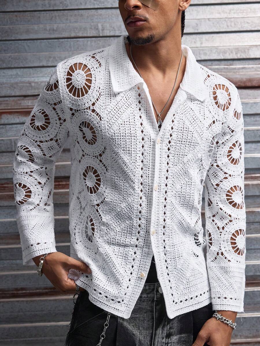AXEPEAK Nan Shi Solid Color Long Sleeve Hollow Out Casual Retro Vacation Style Sweater - White - View 1
