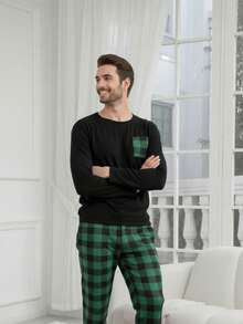 ijama Navideña Familiar o parejas a cuadros de 2 piezas. Pijama Unisex, con pantalón Holgado y Playera de manga larga a juego con pantalón Estampado de cuadros Rojos. Pijama Navideña para dama o caballero de pantalón con playera de manga larga. Textura tipo algodón. Pijama Familiar para Navidad. - Verde - Ver 2