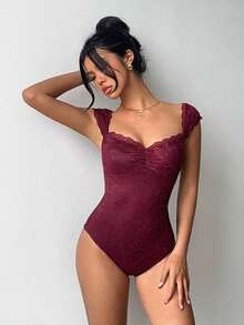 Aloruh Solid Color Sweetheart Collar Fitted Burgundy Lace Bodysuit,Elegant, Sexy, Casual, And Work-Appropriate Bodysuit,Vacation Outfits Women,Spring Outfit Women,Valentine's Day - Burgundy - View 7