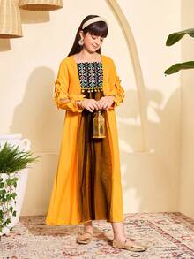 Tween Girls Long Dress, Geometric Pattern Contrast Mesh Dress, Bow Decor Long Sleeve + Tassel Mesh Design Middle Eastern Style Children Clothing - Yellow - View 4