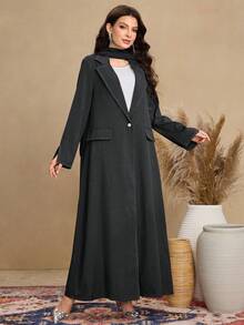Al Najma Women's Retro Topstitching Windbreaker, Lapel Single-Breasted Loose Long Robe For Daily Wear Abayas - Black - View 7
