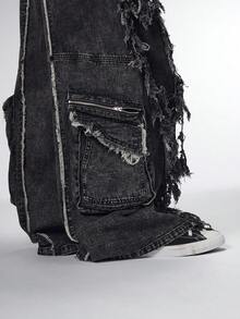 ROMWE MEN Street Life Men's Distressed Washed Dark Cargo Pants - Black - View 2