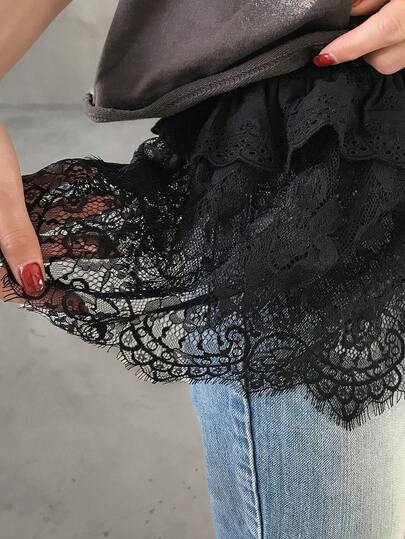 FRIFUL 女士纯色薄纱蕾丝面料叠层休闲宽松百搭半身裙，秋冬款