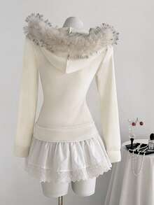 SHEIN Clasi 复古性感束腰毛绒拉链卫衣外套，粉色，秋冬款 - 白色 - 查看 2