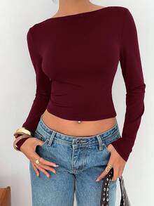 SHEIN EZwear 女士酒红色露背修身长袖T恤，适合情人节约会、新年派对和日常穿着，春夏款 - 酒紅色 - 查看 2