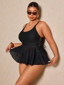 Elaquor Plus Size Summer Vacation Beach Solid Color Textured Tankini Set - Black - View 1