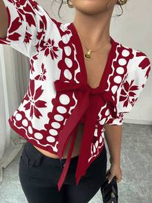 Elenzga Plus Size Bowknot Colorblock Short Sleeve Shirt With Digital Print, Unique Design, Vacation Style - Red and White - View 5