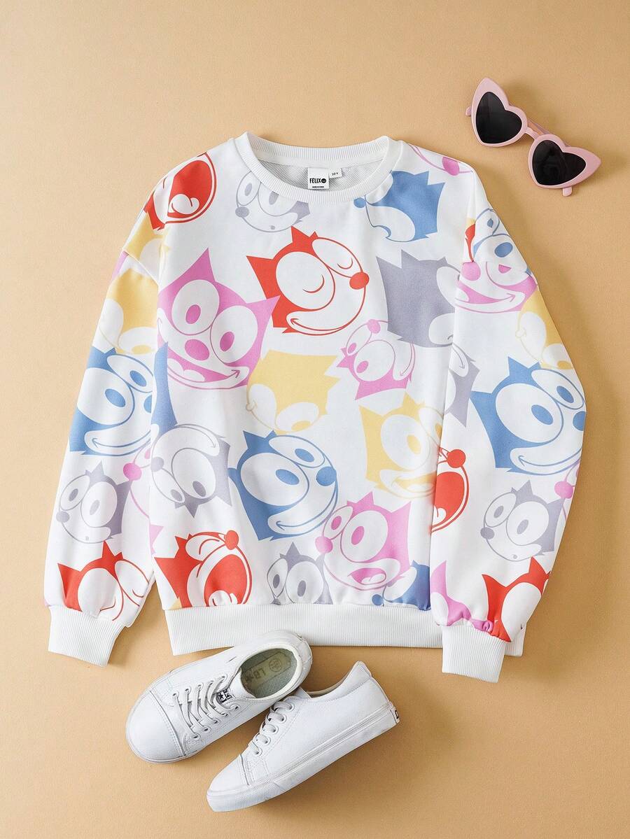 SHEIN Felix The Cat 少女休闲卡通图案圆领卫衣,秋季 - 白色 - 查看 1
