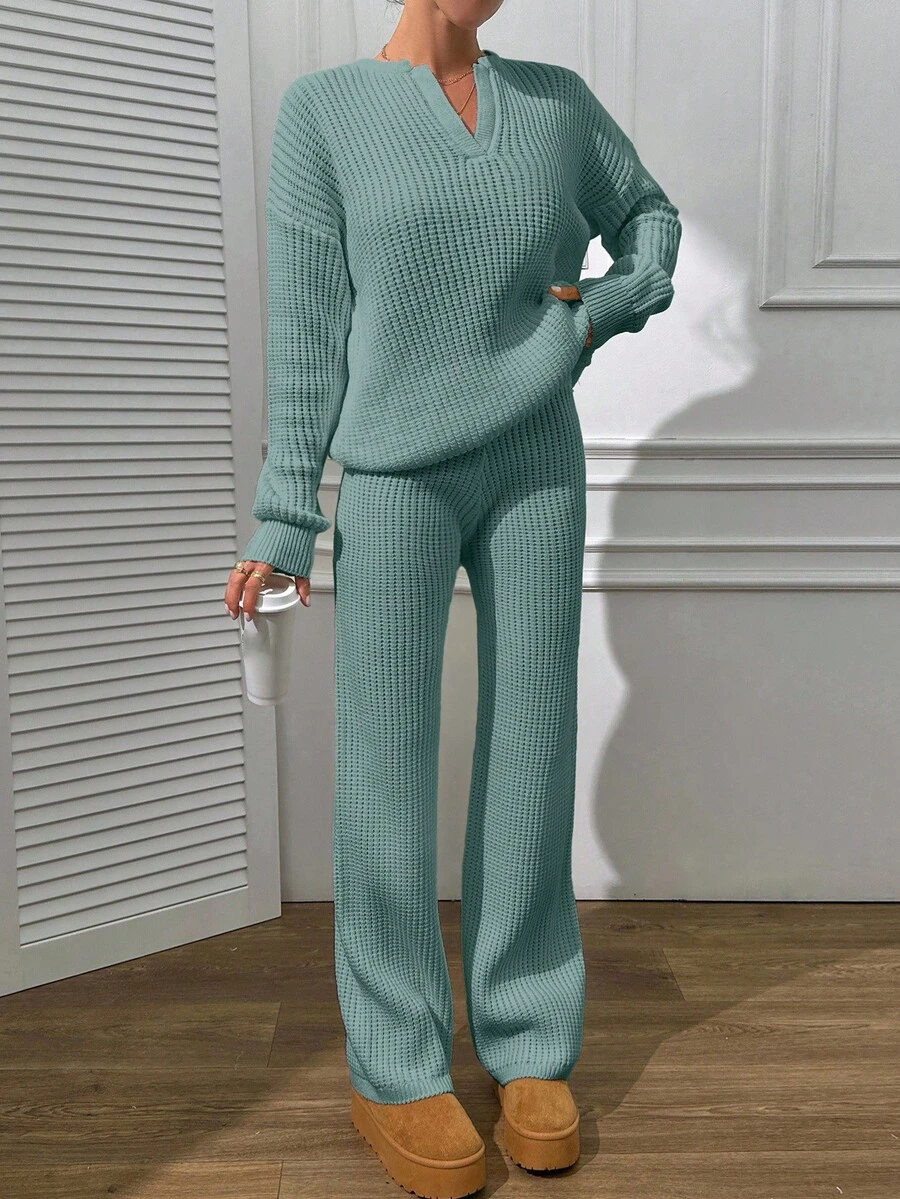 EURMUSE V Neck Sweater And Pant Casual Elegant - Mint Green - View 1