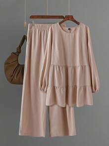SHEIN Essnce Plus-Size Women's Spring/Summer Fashion Casual Loose Comfortable Everyday Textured Fabric Long-Sleeved Babydoll Shirt And Wide-Leg Pants Khaki Two Pieces Set,Spring Outfits,Pants Set Co Ords Sets Women Comfortable Two Piece Set Modest Two Piece Set Blouse And Pants Set Spring Casual Outfit Women Spring Set For Women - Khaki - View 7