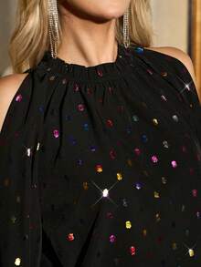 SHEIN Clasi 女式优雅棕色豹纹露肩褶饰领荷叶边灯笼袖长袖衬衫 - 黑色 - 查看 7