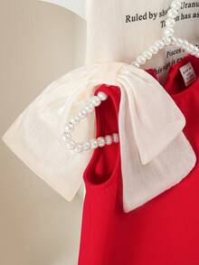 SHEIN Elegant & Cute Red Organza Patchwork Bow Decor Baby Girl Dress - Red - View 5