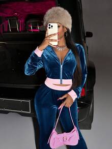 Slaydiva 新款秋冬女装，返校季穿搭，万圣节服装，商务休闲，日常穿着，街头风，复古学院风，运动风，带前拉链的连帽衫，刺绣袖口和下摆，粉色短款外套+撞色腰带喇叭裤，天鹅绒两件套 - 藍色 - 查看 6