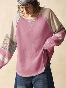 Bohemela Áo kiểu nữ dáng rộng, cổ tròn, tay dài, phối nhiều mảnh vải, chất liệu dệt kim, thích hợp cho nữ. - Hồng - Xem 3