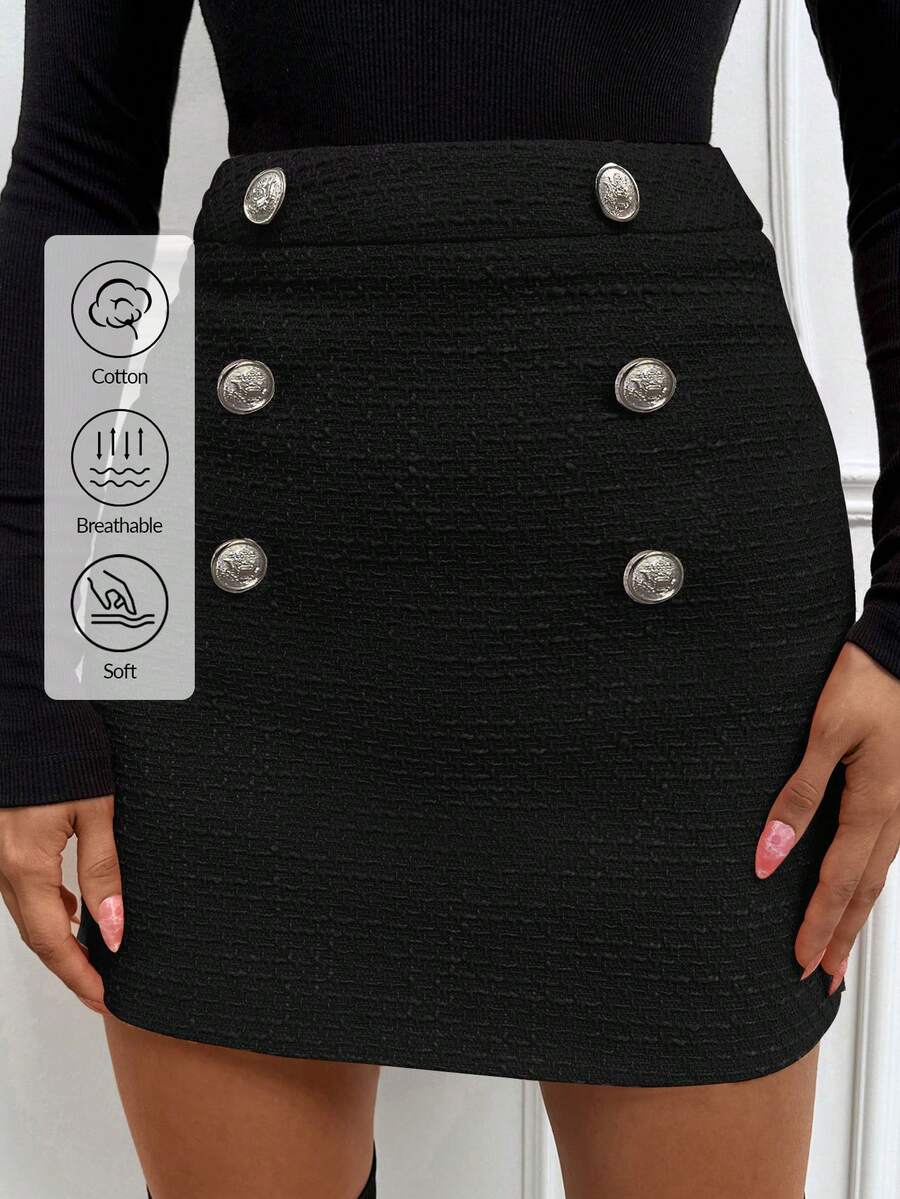 EURMUSE Women's Solid Color High Waist Button Design Elegant Bodycon Skirt - Black - View 1