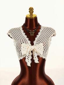 Amplova 2026 New V-Neck Front Tie Cropped Top, Knit-Look Fabric - Apricot - View 3