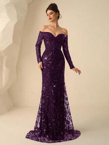 Coutiva Elegante abito con scollo a V, spalle scoperte, maniche lunghe e gonna a sirena con paillettes, perfetto per matrimoni, red carpet, serate all'opera e cene di lusso, abiti da festa, abiti da invitati a matrimoni, abiti da cerimonia, abiti da sera - Viola scuro - Visualizzare 5