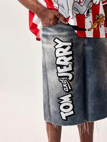 TOM & JERRY X SHEIN 男士休闲撞色卡通印花V领短袖T恤短裤套装，夏季 - 彩色 - 查看 5