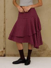 COUREZ Midi Layered Flannel Check Skirt With Asymmetric Hem/ Y2K  Spring Outfits For Women Grunge 2 Piece Sets Red Skirts Cute Spring Outfits Going Out Party Outfits Festivals Outfits Plaid Check Skirt Low Rise Skirt - Burgundy - View 7
