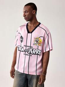 TOM & JERRY X SHEIN Men's Casual Striped Letter Print V-Neck Short Sleeve T-Shirt, Summer - Pink - View 5