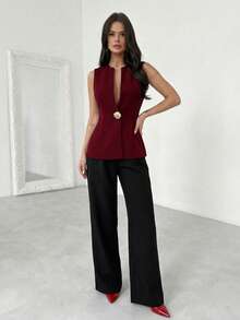 Firerie Top ajusté sans manches à col V profond élégant et décontracté avec boucle métallique, convient aux occasions décontractées, de navette et professionnelles / Gilet bordeaux / Nouvel An - Fushia - Voir 5