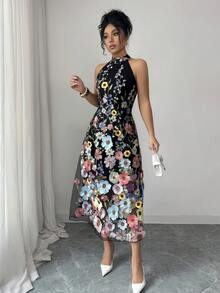 Elenzga Đầm dài nữ thanh lịch mới với họa tiết hoa 3D, phối lưới, họa tiết hoa hồng, thích hợp cho tiệc tùng, ngày Valentine, hẹn hò, họp mặt, lễ hội, năm mới, đám cưới, phù dâu, mùa xuân/hè. - Nhiều màu - Xem 5