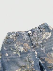 ROMWE Fairycore Summer Outfits Vintage Floral Print Washed Plus Size Women Loose Wide Leg Cropped Jeans - Blue - View 3