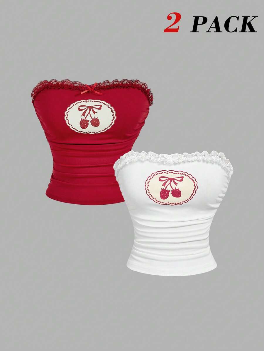 SHEIN MOD 休闲樱桃印花抹胸上衣 Y2K 图案T恤 女式上衣，锐舞上衣，抹胸上衣 - 紅白色 - 查看 1