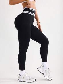 With My Calm With My Calm Women's Solid Color High Waist Elastic Leggings V-Shaped Waist Leggings Active Wear Bottoms Sports Leggings - Black - View 7