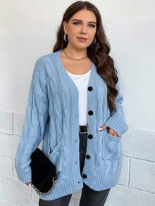 Plus Size Women Casual Cable Drop Shoulder Long Sleeve Knit Cardigan, Autumn/Winter - Baby Blue - View 5