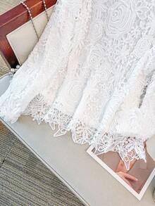 SHEIN CURVE+ Áo ren cổ tròn màu trơn thanh lịch cỡ lớn cho nữ, áo dài tay cho mùa thu - trắng - Xem 4