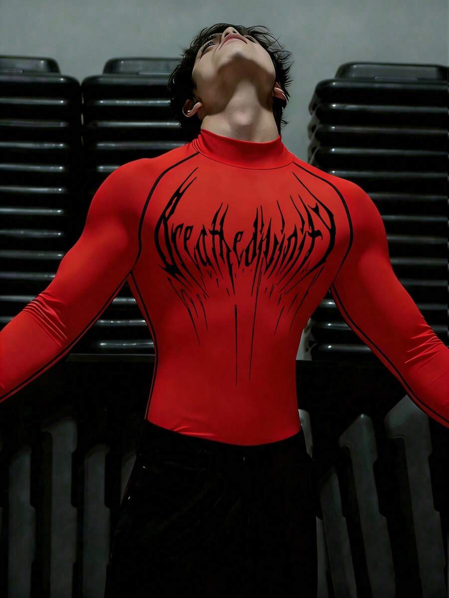 GymBeat Camiseta deportiva ajustada de cuello alto y mangas raglán para hombres - Rojo - Ver 1