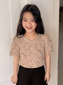 DAZY Young Girl Round Neck Puff Sleeve Loose Elegant Blouse Summer - Khaki - View 5