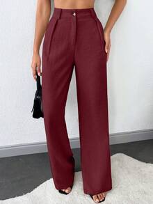 SHEIN Tall 100%纯棉高腰女士纯色斜口袋直筒裤 - 酒紅色 - 查看 5