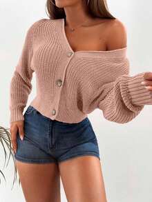 EURMUSE Áo khoác cardigan dài tay cổ chữ V cài nút phía trước, màu trơn, thu/đông - Bụi hồng - Xem 4